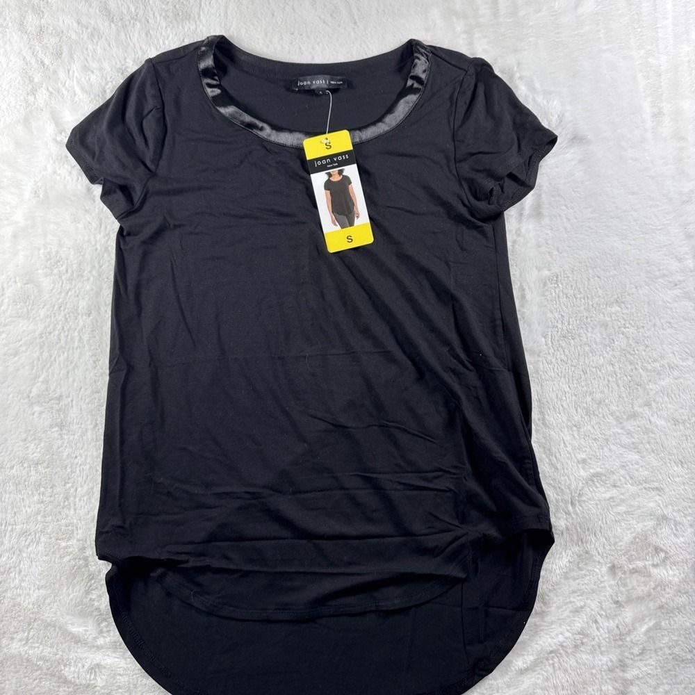 Joan Vass Ladies Women's Satin Collar Top Blouse Black Size Small